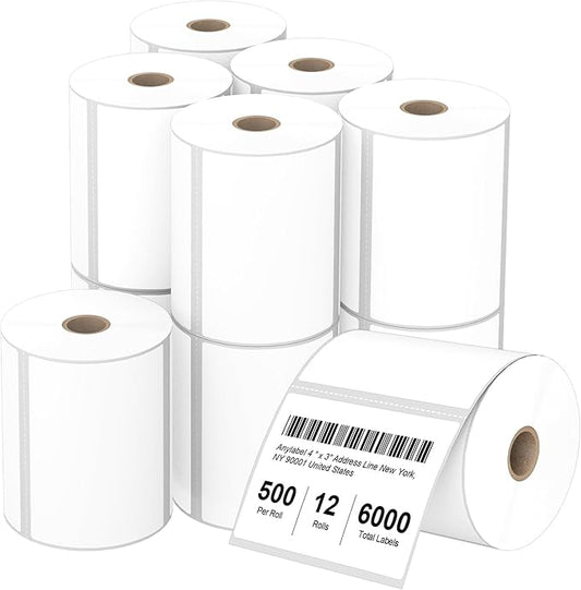 4" x 3" Direct Thermal Labels, Thermal Printer Labels for Shipping Address Barcodes, Thermal Stickers Compatible with Zebra, Rollo, Munbyn Thermal Labels Printers (12 Rolls, 500 Labels/Roll)-DeskLoop Office