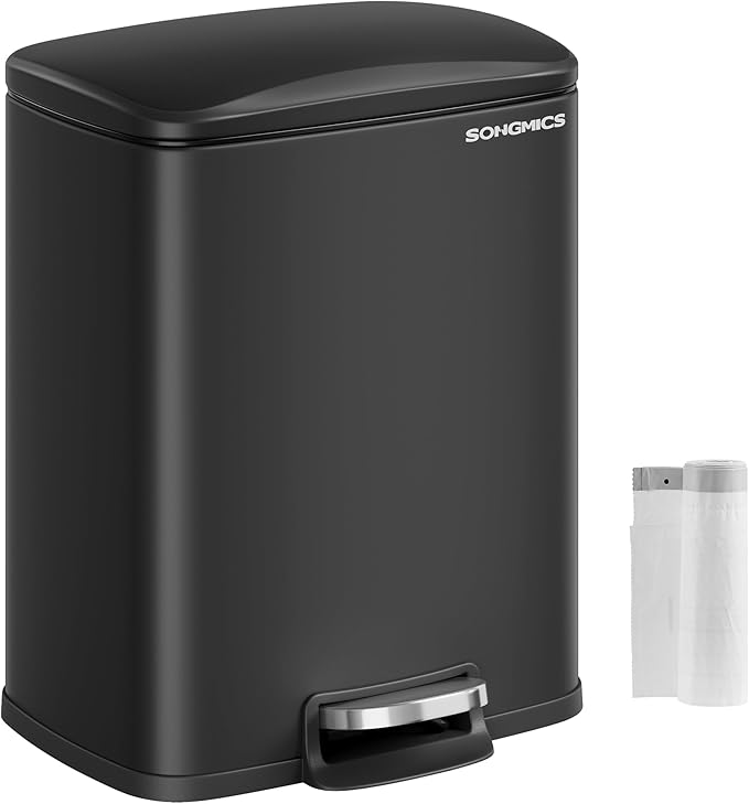 SONGMICS Trash Can, Garbage Can with Lid, 5.2-Gallon (20L) Step Trash Bin for Kitchen, Stainless Steel, Soft Close and Stays Open, Inner Bucket, Includes 15 Trash Bags, Black ULTB543B01-DeskLoop Office