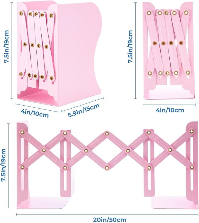 M&G Adjustable Bookends Book Ends for Shelves, Metal Bookend for Heavy Books, Desk Magazine File Organizer Holder Extends up to 20in, Book Stopper for Home, Office, Classroom (Pink)-DeskLoop Office