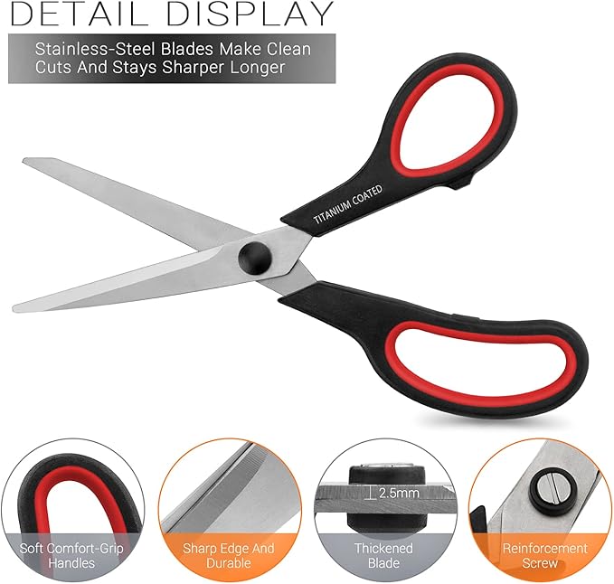 Scissors 8" Multipurpose Right/Left Handed Titanium Coated Sturdy Sharp Scissors for Office Home School Students-DeskLoop Office