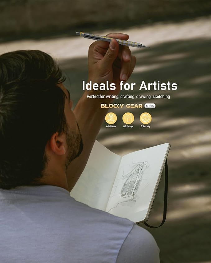 Nicpro Blocky Gear 0.9 mm Mechanical Pencils Set in Case, Metal Pencil with 0.9mm HB Lead Refills, Eraser for Professional & Adult Art Writing Drafting Drawing-DeskLoop Office