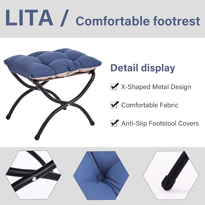 LITA Folding Upholstered Footrest Stool, Modern Small Portable Accent Ottoman with Detachable Thick Cotton Cushion Padded Sofa Stool with Metal Frame for Lazy Chair, Living Room & Bedroom, Royal Blue-DeskLoop Office