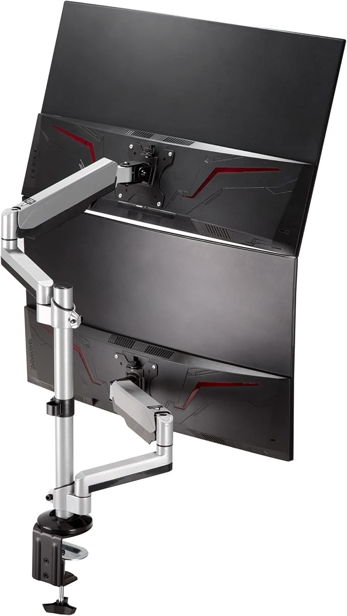 AVLT Dual 17"-32" Stacked Monitor Arm Desk Mount for 2 Flat or Curved Screens, Full Motion Height Adjustable with Swivel, Tilt, Rotation, Extra Tall, VESA, C-Clamp or Grommet Base-DeskLoop Office