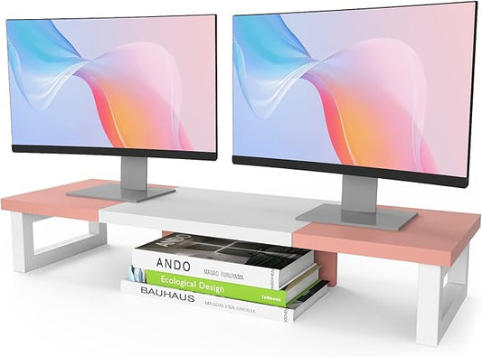 WESTREE Dual Monitor Stand Riser, Wood and Steel Monitor Stand Riser, Computer Monitor Stand for 2 Monitors, Multi-Purpose Desktop Storage Stand for Computer,Laptop,Printer,TV-DeskLoop Office