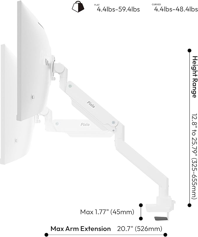 Pixio PS2S Titan White Ultrawide Mega Heavy-Duty Premium Single Monitor Arm Stand fits up to 57 inch Monitors Holds up to 59.4lbs VESA Compatible Integrated Cable Management-DeskLoop Office