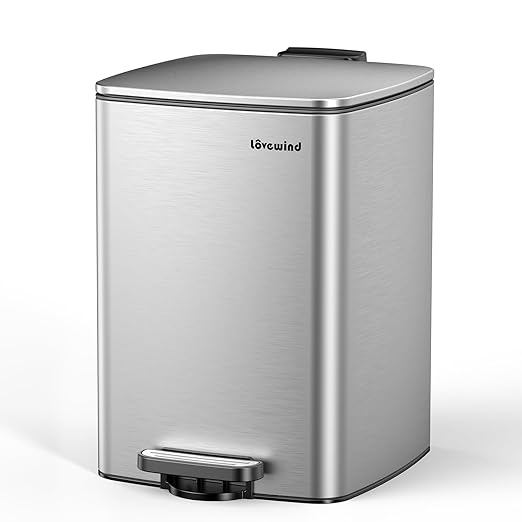 Lovewind Kitchen Trash Can with Lid, 5.2 Gallon/20 L Footstep Garbage Can for Kitchen Bedroom Home Office, 20 Liter Trash Bin Brushed Stainless Steel Waste Bin with Soft-Close Lid,Silver-DeskLoop Office