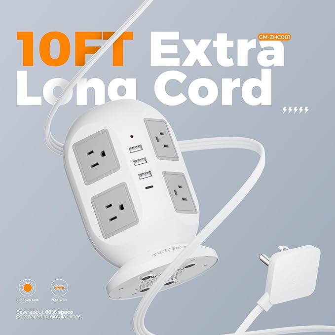 Tower Power Strip Surge Protector 10 Ft, TESSAN Flat Plug Extension Cord with Multiple Outlets, 8 AC Outlets, 4 USB Ports, 1 Built-in USB Cable, Desk Charging Station for Home Dorm Office-DeskLoop Office