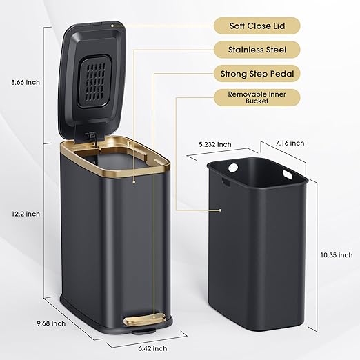CEROELDA Small Bathroom Trash Can with Lid Soft Close-5L/1.3 Gal Slim Garbage Can-Metal Step Wastebasket-Rectangle Narrow Waste Bin for Office, Bedroom, Toilet, Live Room-Black-DeskLoop Office