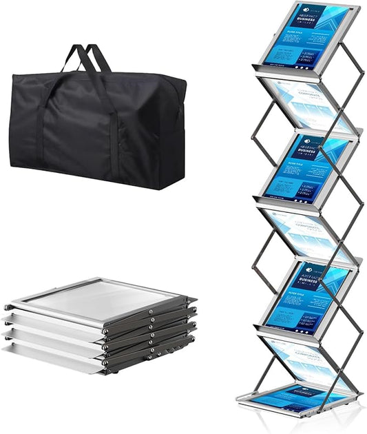 6 Pockets Foldable Aluminum Magazine Rack - Brochure Display Stand, Brochure Catalog Literature Display Stand with Carrying Bag for Exhibition, Trade Show, Office, Retail Store-DeskLoop Office