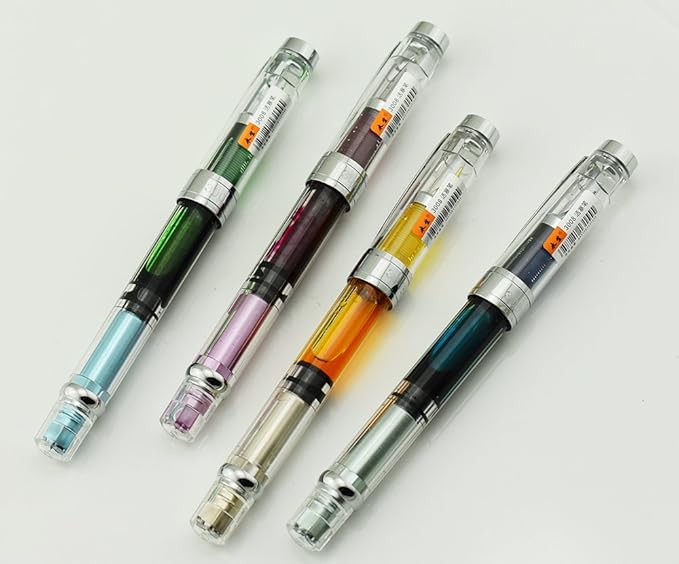Lanxivi Yongsheng 3008 Piston Fountain Pen EF Extra Fine Nib,Transparent SilverTrim 4 Colors Set-DeskLoop Office
