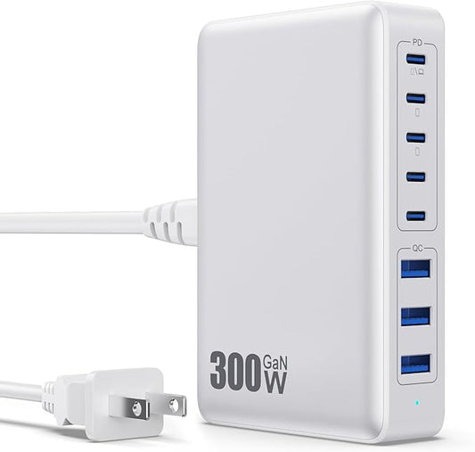 USB C Charger 300W USB C Charger Block 8-Ports GaN IV Fast Charging Station,PD 100W Laptop Charging Hub Wall Charge Adapter Compatible with MacBook/Air,DELL,Steam Desk,iPhone 16/15/14,Galaxy-DeskLoop Office