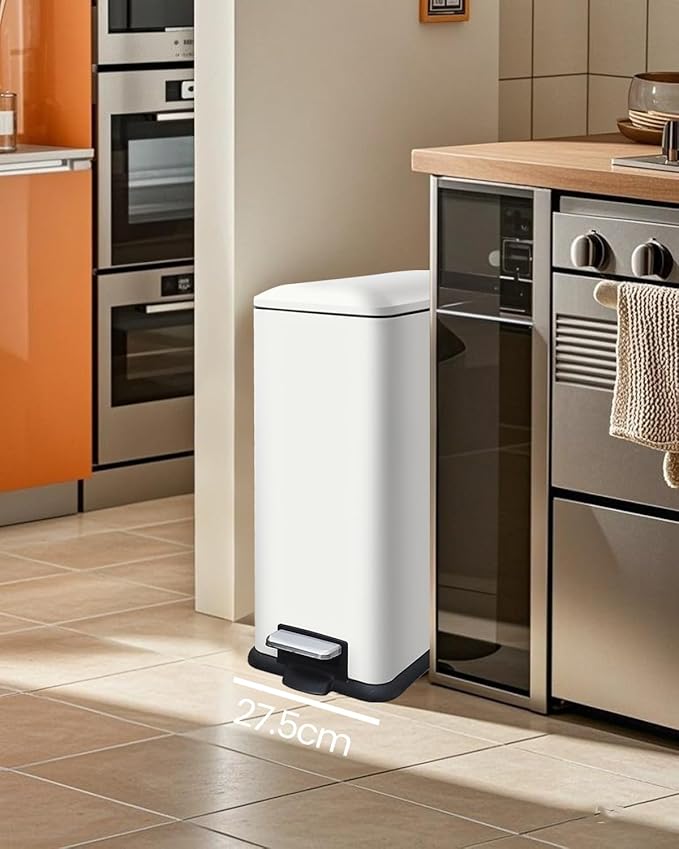 Kitchen Rubbish Bin, 45 Litre Waste Bin, Large Pedal Bin, Kitchen Rubbish Bin with Softclose Lid and Inner Bin, Slim Pedal Bin for Kitchen, Bathroom and Office, White-DeskLoop Office