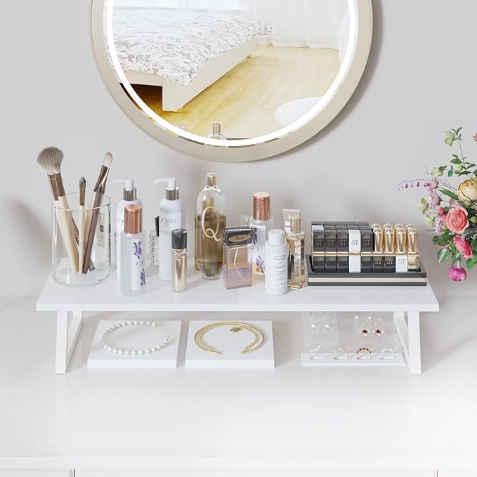 TEAMIX White Dual Monitor Riser - 31.5 inch Wide TV Stand for 2 Monitors - Wood & Steel Desktop Riser for Dual Screen Office Desk Organization-DeskLoop Office