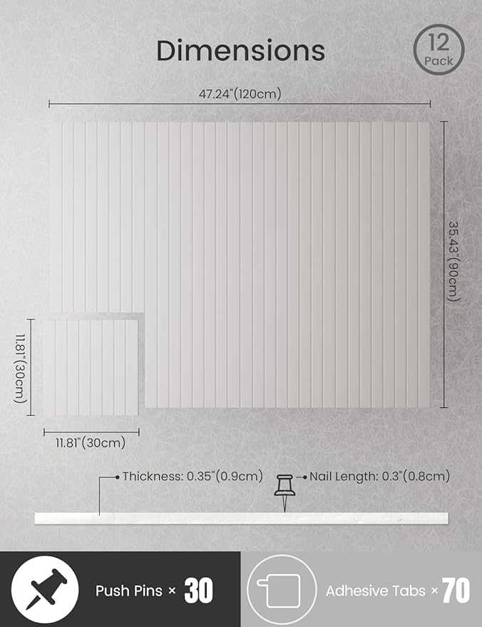 Bumusty Large Cork Board Alternative-47 x35 Felt Bulletin Board Tiles, with 30 Pushpins, 70 Adhesive Tabs, 12-Pack Slat Wall Paneling, Cork Boards for Office Push Pin Board Felt Board-Milky White-DeskLoop Office