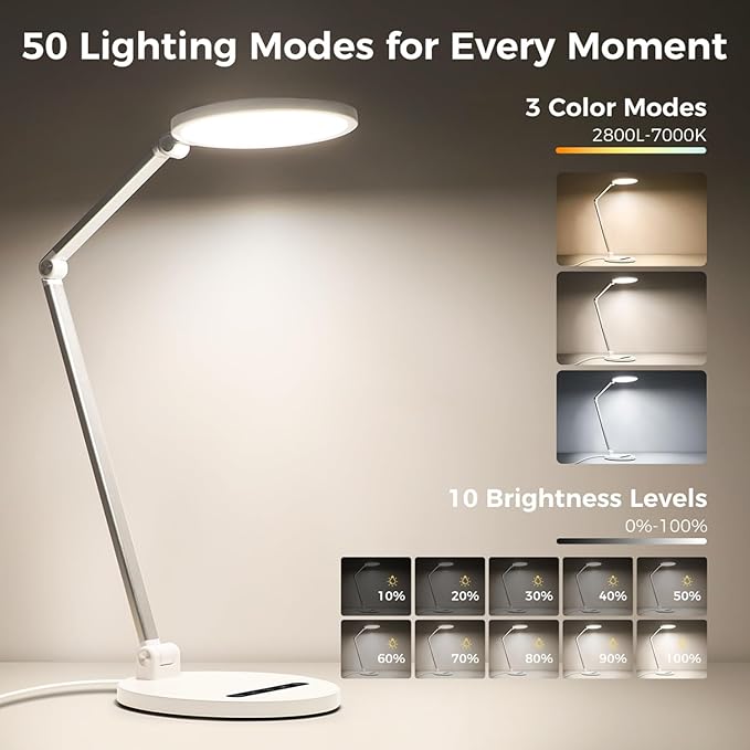 LED Desk Lamp for Home Office, Eye-Caring Desk Light for Video Call, Dimmable 3 Color Temperature 10 Brightness Computer Light, Led Desk Light, Memory & Timer Func, Adjustable Flexible Swing Arm-DeskLoop Office