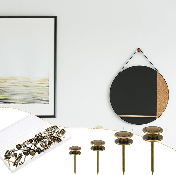 Ferraycle 40 Piece Double Headed Picture Hangers Nails 4 Size Long Thumb Tacks for Wall Hanging Decorative Nails Push Pins Picture Hooks for Drywall Photo Decor, 10/20/ 30/ 50lb(Bronze)-DeskLoop Office