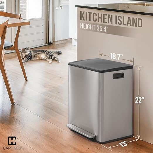CAPHAUS Dual Trash Can with Lid, Trash and Recycling Bins Combo for Kitchen, Hands-Free Stainless-Steel Garbage Can with 2 Compartment, Hinged Lid, Odor Filter, Handles, 25L+25L, 2 x 6.6 Gallon-DeskLoop Office