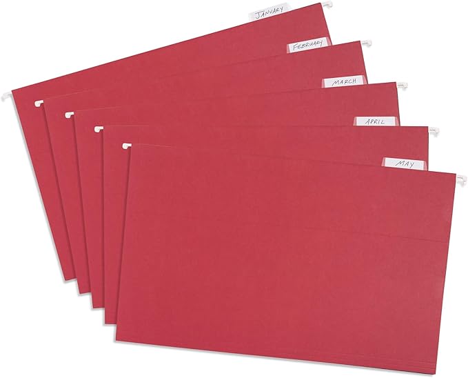 25 Blue Summit Supplies Legal Size Hanging File Folders - Red Hanging File Folders with Plastic Tabs and Inserts, Durable 11pt Paper, 25 Pack-DeskLoop Office