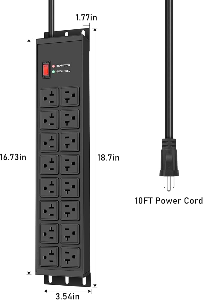 JUNNUJ Heavy Duty 20 Amp Power Strip 4800J, 16 Outlets 12 Gauge Garage Industrial Surge Protector, High Amp 5-15P Adapter Shop 6-20R T-Slot Metal Outlet, 10 FT Extension Cord Commercial for Appliance-DeskLoop Office
