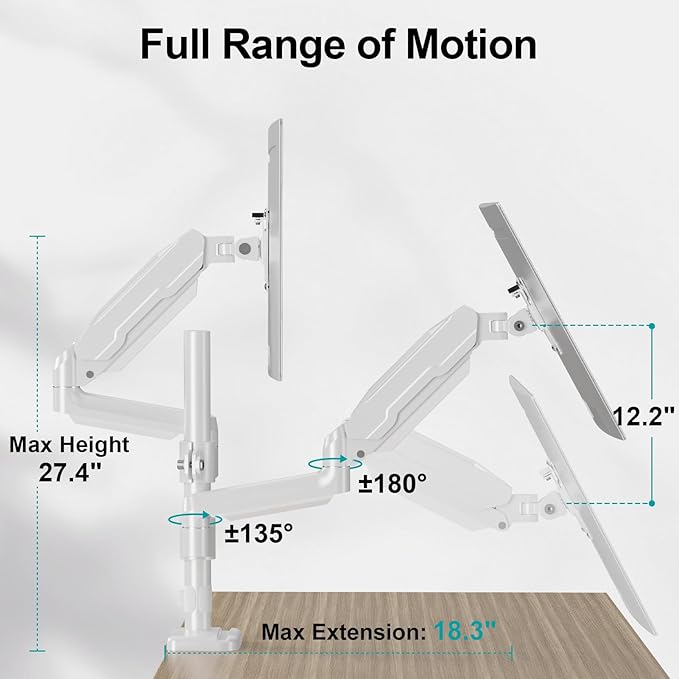 MOUNT PRO Dual Monitor Mount for 13-32" Computer Screen, Tall Monitor Stands for 2 Monitors, Adjustable Gas Spring Double Vertical Monitor Desk Mount, Each Arm Holds 4.4 to19.8lbs, VESA Mount, White-DeskLoop Office
