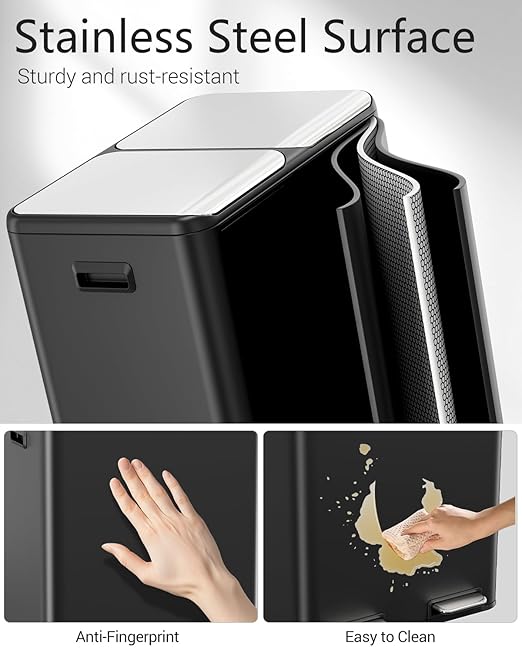 TLSUNNY Kitchen Dual Trash Can, 60L Hands-Free Stainless Steel Garbage Can, Classified Rubbish Bin with Double Compartments, Soft-Close Lid, Inner Bucket, Odor Control (60L) (Black)-DeskLoop Office