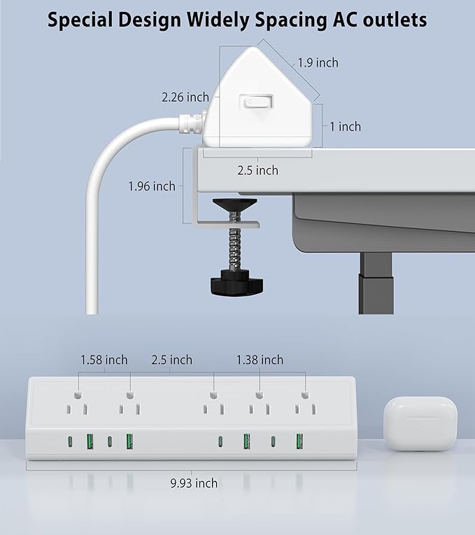45W Fast Charging Station,Desk Clamp Power Strip,4 PD USB-C Ports,5 AC Outlets,Surge Protector Power Strip, 14AWG Heavy Duty Cord, Fits 1.9" Tabletop Edge (White, 10 FT Cable)-DeskLoop Office