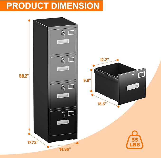 4 Drawer Metal Vertical File Cabinet with 4 Independent Locks, Home Office File Cabinet with Card Holder for Letter/Legal/A4 Folders, Black Filing Cabinet, Assembly Required, 4 Drawers-DeskLoop Office
