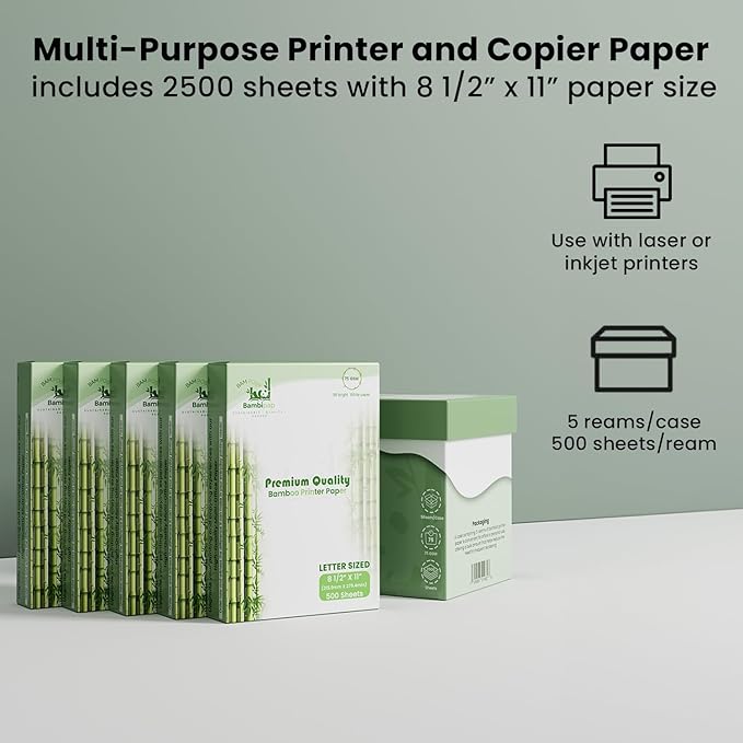 Bamboo Printer Paper - 8 1/2” x 11” - 20LB Multipurpose White Paper - Made from Bamboo Fiber, Renewable Resources, Zero Trees Used - 5 reams (2500 Sheets)-DeskLoop Office