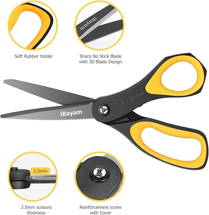 Scissors, iBayam 3 Pack 8" All Purpose Nonstick Scissors, 2.5MM Thickness Titanium Blades with Comfort Grip, Heavy Duty Shears for Office School Home Classroom General Use Art and Craft DIY Supplies-DeskLoop Office