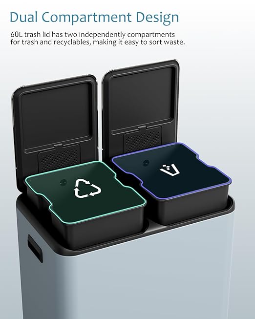 16 Gal (2 x 30 L) Dual Trash Can, Stainless Steel Kitchen Garbage Bin, Recycle Dustbin with Odor Control Box, Soft-Close Lid, Inner Buckets, Side Handle, Step Pedal, for Home Office-DeskLoop Office