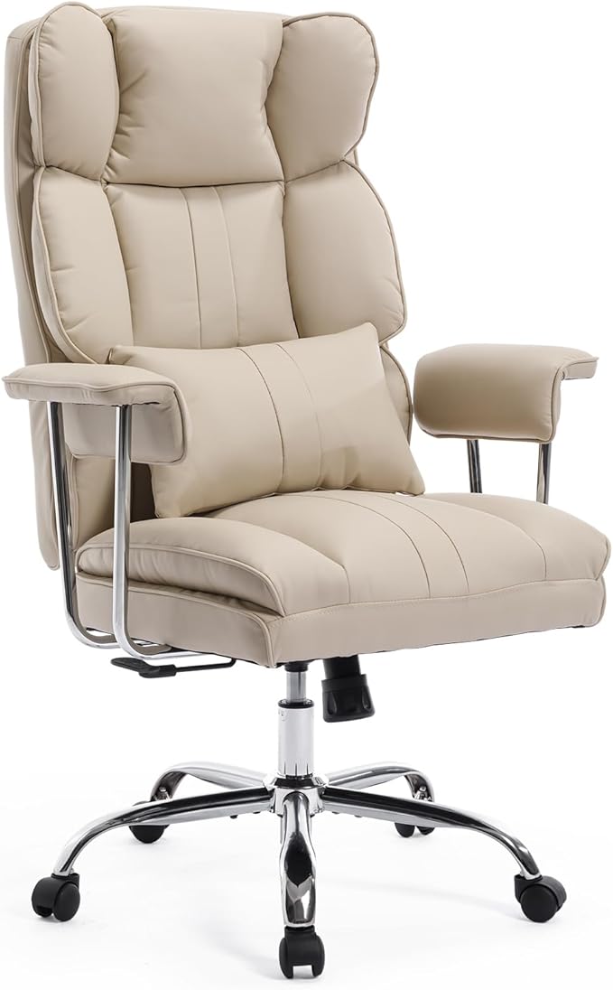 Big and Tall Office Chair 500lbs Wide Seat Executive Office Desk Chair High-Back Office Task Chair, Ergonomic Lumbar Support Computer Office Chairs for Heavy People(Beige)-DeskLoop Office
