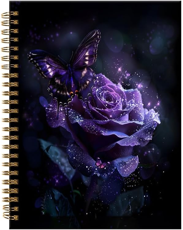 Spiral Journal Notebook,A5 Hardcover Lined Journals for Women 6 x 8.3 in,120 Pages Thick Paper,Cute College Ruled Writing Notebook for Gifts Office Work School(Sparkle Purple Butterfly Floral)-DeskLoop Office