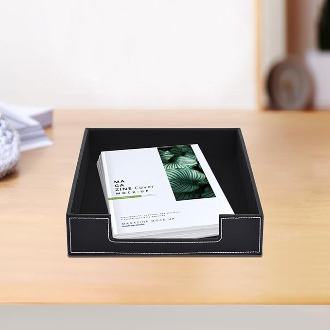 Leather Letter Tray, Office Supplies Desk Organizer for Mail Paper Files Magazines Jewelry Cosmetics,Luxury Letter Holder&Multipurpos Stackable Office Desktop Storage Box,Black-DeskLoop Office