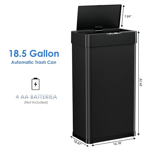 AthLike Sensor Trash Can, Touchless Motion Sensor Trash Bin, Smart Automatic Garbage Can with Soft-Close Lid, Bag Retainer Ring and Display Light,for Kitchen,Living Room Office (Black, 18.5 Gal)-DeskLoop Office