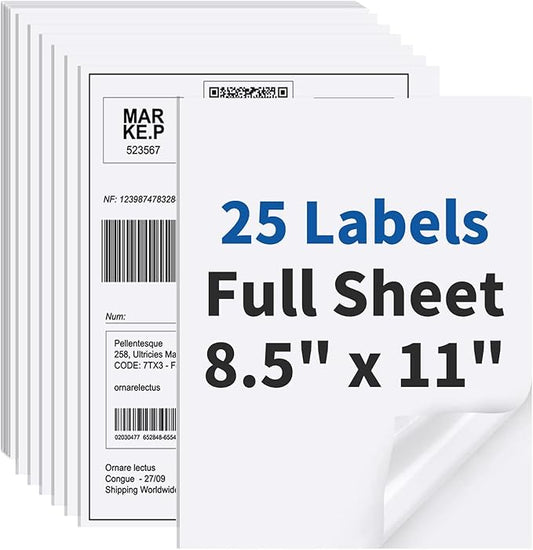 25 Sheets Sticker Paper Matte White, 8.5" x 11" Label Paper for Laser & Inkjet Printer, Full Sheet Label for Shipping Address Mailing-DeskLoop Office