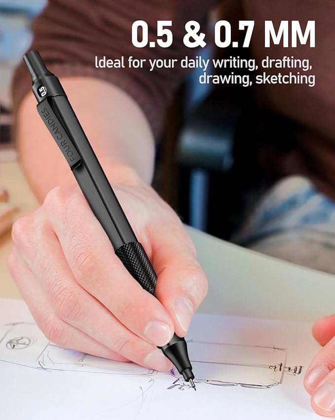 Four Candies 2PCS Metal Mechanical Pencils Set with Case, 0.5mm & 0.7 mm Artist Pencil with 6 Tubes (360PCS) HB Lead Refills, 3 Erasers,9 Eraser Refills For Writing Drafting, Drawing, Black&Silver-DeskLoop Office