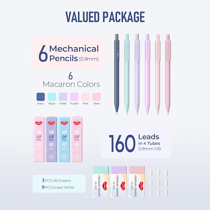 6PCS 0.9mm Mechanical Pencils Set with Case, Cute Pastel Mechanical Pencil with 160PCS HB Lead Refills, 3 Erasers, Aesthetic Back to School Supplies for Student Writing Drawing Sketching-DeskLoop Office