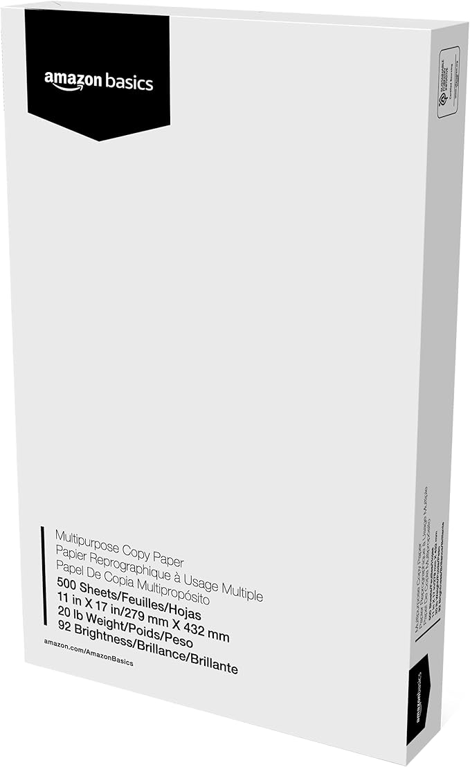 Amazon Basics Multipurpose Copy Printer Paper, 20 lb, 11 x 17 Inches, 5 Reams (2,500 Sheets), 92 Bright, White-DeskLoop Office