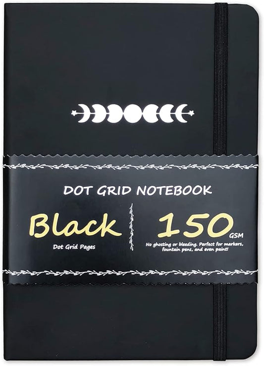BUKE Dotted Journal - Dot Grid Notebook - 150gsm No Bleed Black Paper - 160 Black Pages - For Women and Men - A5 PU Leather Hardcover 5.75" x 8.5" and Gift Box (BKB-3)-DeskLoop Office