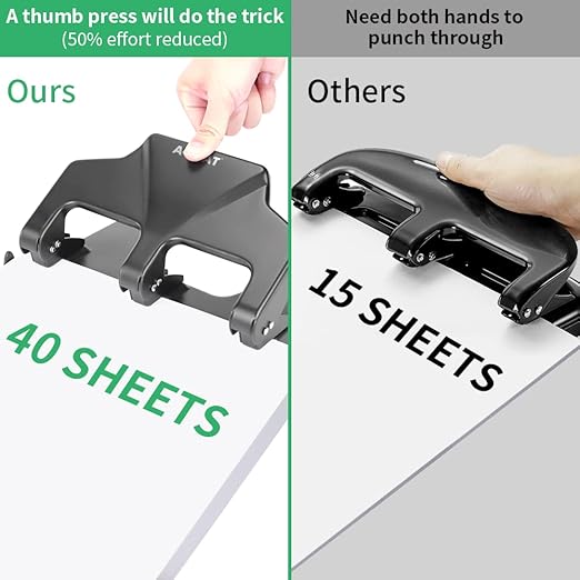 Heavy Duty 3 Hole Punch, 40-Sheet Heavy Duty Paper Punch, 50% Reduced Effort 3-Hole Punch, AFMAT Metal Hole Puncher 3 Ring, Three-Hole Paper Puncher w/Large Chip Tray for Classroom, Office, Silver-DeskLoop Office