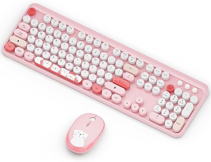 Wireless Keyboard,KOOTOP Cute Colorful 104 Keys Typewriter Retro Round Keycaps Keyboard for PC Laptop,Desktop,Windows, Home and Office Keyboards (Pink)-DeskLoop Office