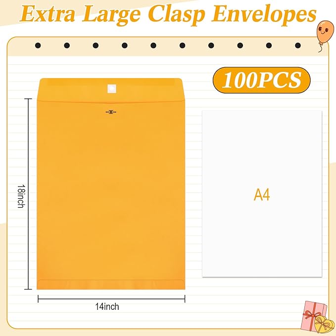100 Pcs 14 x 18 Inch Extra Large Mailing Clasp Envelopes Jumbo Kraft Catalog Manila Envelope with Clasp Closure for Oversized Big Documents Office Home Business Legal School Storing Mailing-DeskLoop Office