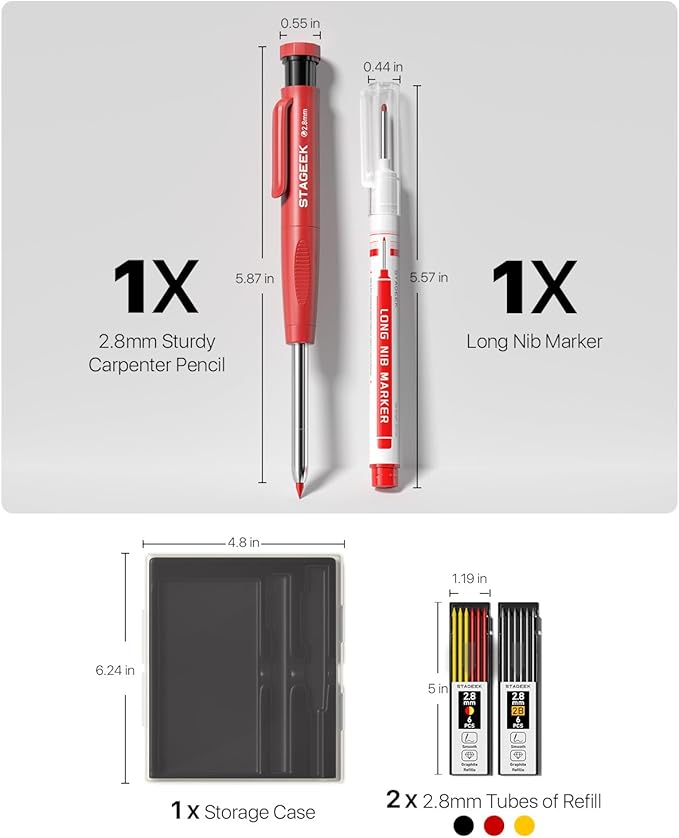 Carpenter Pencils Set with Sharpener, Heavy Duty Woodworking Tools with 13 Refills (Red, Black, Yellow), Construction Pencil and Deep Hole Long Nib Marker Pen for Architect Marking with Case-DeskLoop Office