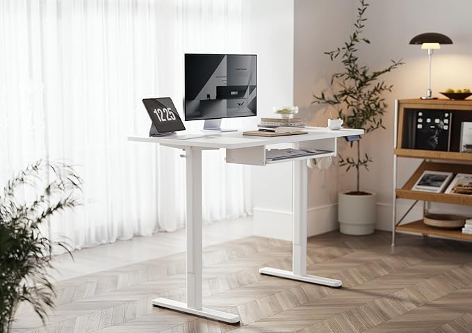 YDN Standing Desk with Keyboard Tray, 48 Inch Height Adjustable Desk with Cable Management, White Stand Up Desks for Home and Office, White-DeskLoop Office