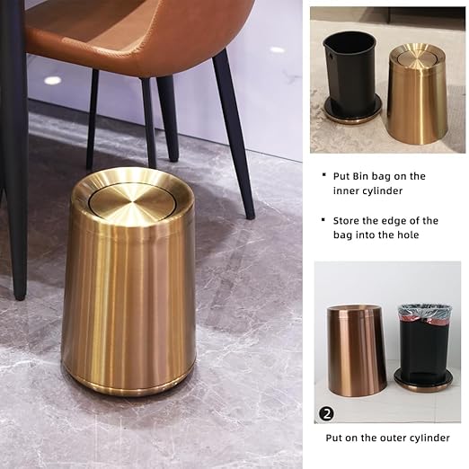 10 L/2.6Gallen,Swing Lid Gold Brass Trash Can,Brushed Nickel Garbage Can Bathroom with Flipping Lid,for Bathroom, Living Room,Bedroom,Hotel (Rose Gold)-DeskLoop Office