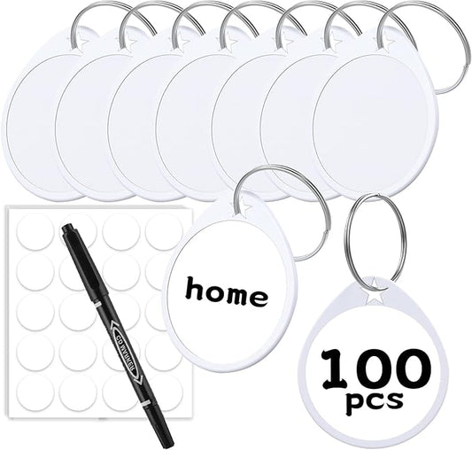 1.57 Inch Plastic Key Tags Round White Item Identifiers with Blank Paper Label Stickers and Pen, Metal Split Ring Tags Ideal for Home,Office and Rental Management Use,100 Pack-DeskLoop Office
