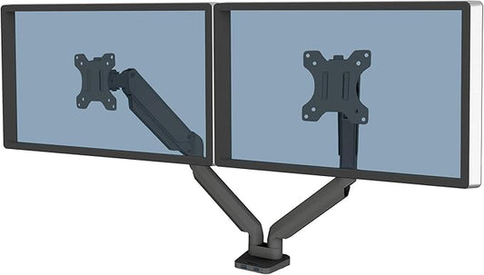 Fellowes Platinum Series Dual Monitor Arm for 40-Inch Monitors, Full Motion, 360° Rotation, VESA Mount with Grommet or Clamp, USB Ports, Ergonomic, Black, 8042501-DeskLoop Office