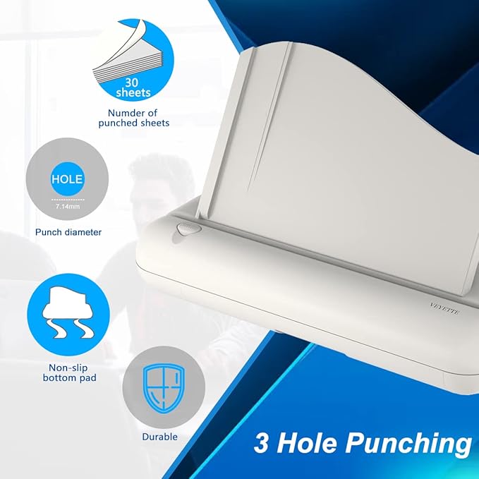 Electric 3 Hole Paper Punch, VEYETTE Heavy Duty Commercial Hole Puncher with Adapter for Office School Studio, 30 Sheet Capacity,Color Gray-DeskLoop Office