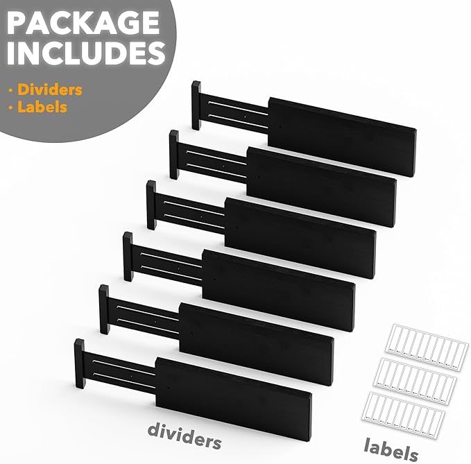 SpaceAid Bamboo Dresser Drawer Dividers 6 Pack, 4.65“ High Adjustable 12.5“-17” Drawer Organizers, Expandable Organization for Clothing, Clothes, Dressers, Black-DeskLoop Office