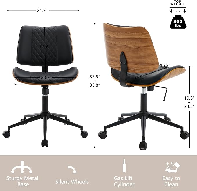 Home Office Chair No Arms with Wheels, Adjustable Height Small Desk Chair, PU Leather Mid Back 360 Swivel Computer Chair, Armless Modern Walnut Chair for Office, Reading Meeting Room(Black)-DeskLoop Office